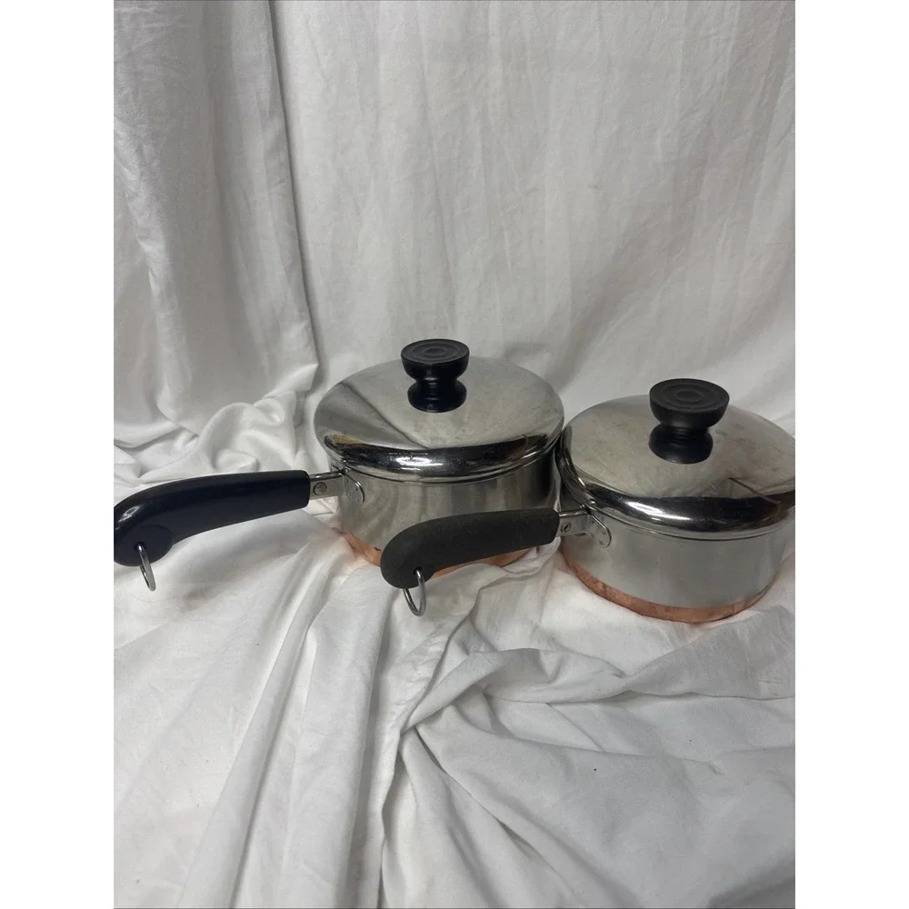 Vintage Revere Ware Sauce Pot Pan 2 Stainless Copper Clad 1 1/2 QT 1QT & Lids